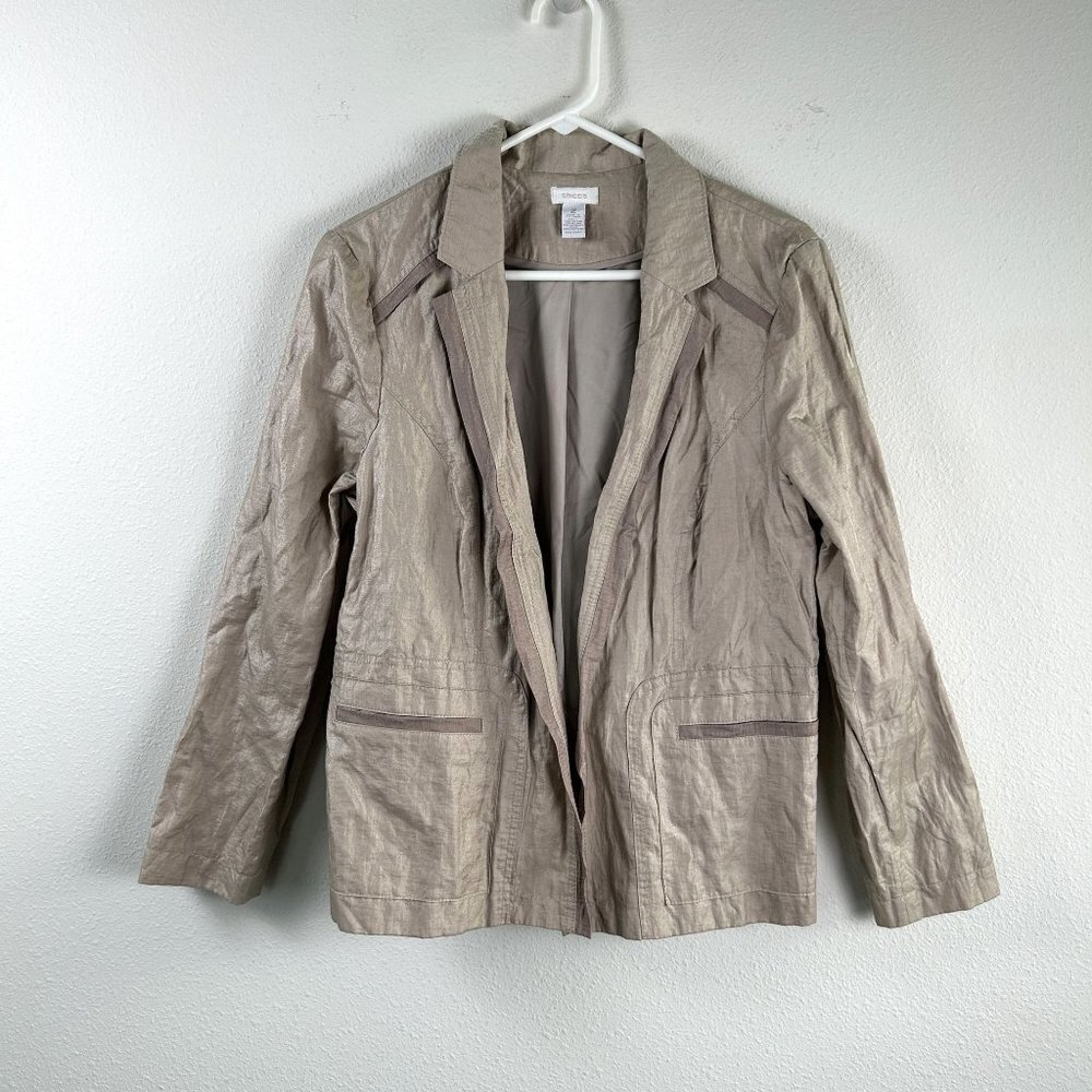 Chicos Blazer Womens Size L 2 Tan‎ Metallic Open Front Jacket Crinkle